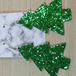 1.5 x 3 inches punched fake leather Holiday Tree Green Glitter